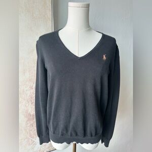 Ralph Lauren Sport Black Women’s Sweater V-neck Classy Preppy Size L 100% cotton